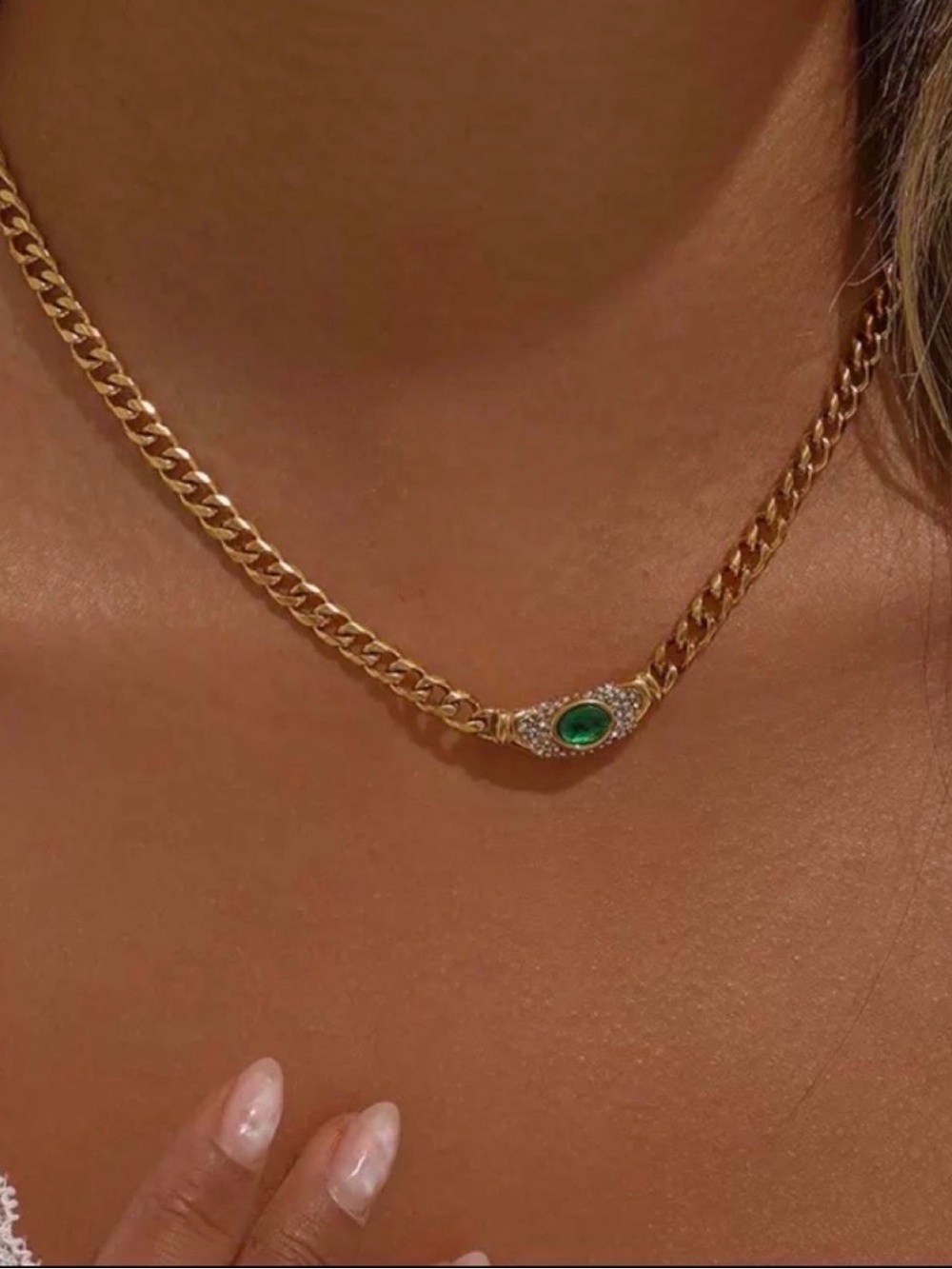 Lily Luxe presents Gold Tone Chain Necklace with Green Gem Pendant - Woman’s